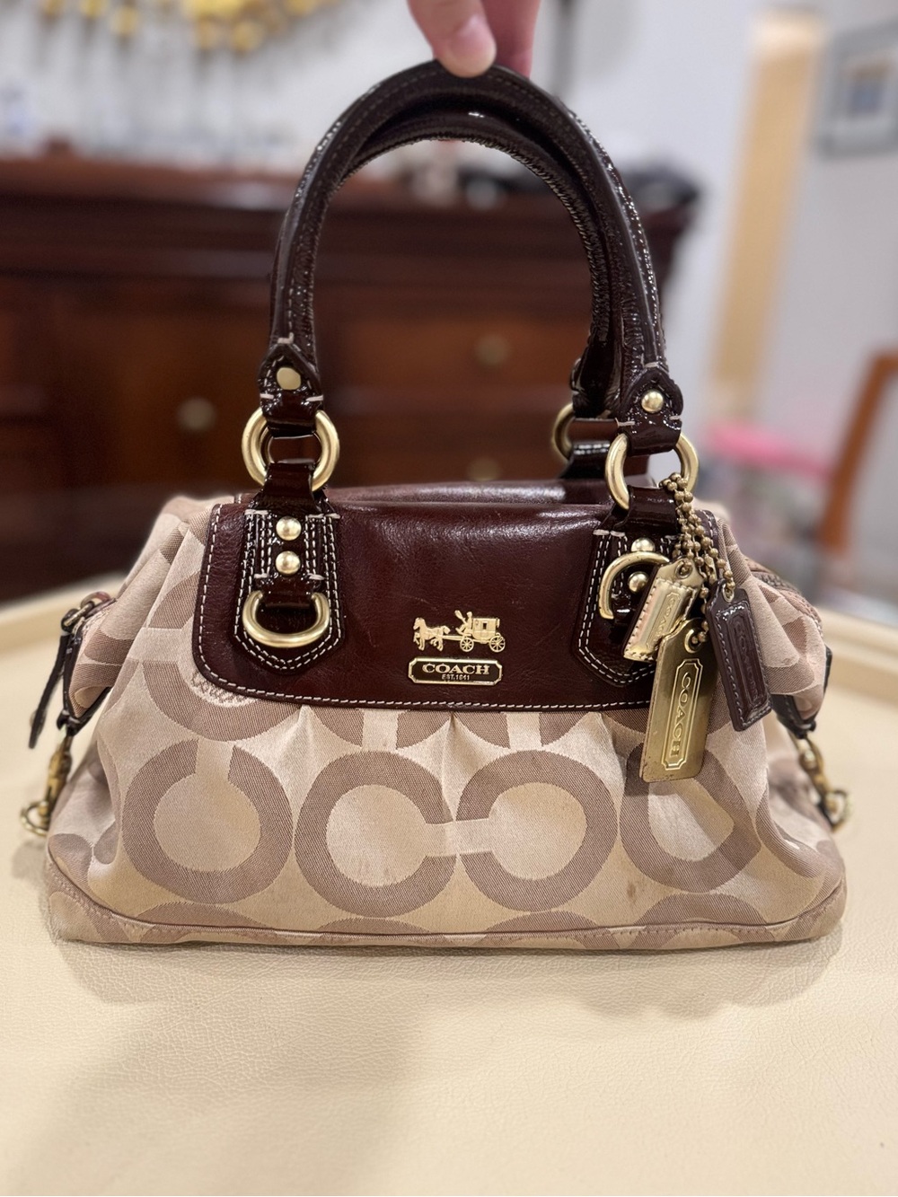 Coach Madison Sabrina 12947 Satchel Brown Signature C Op Art Jacquard VINTAGE